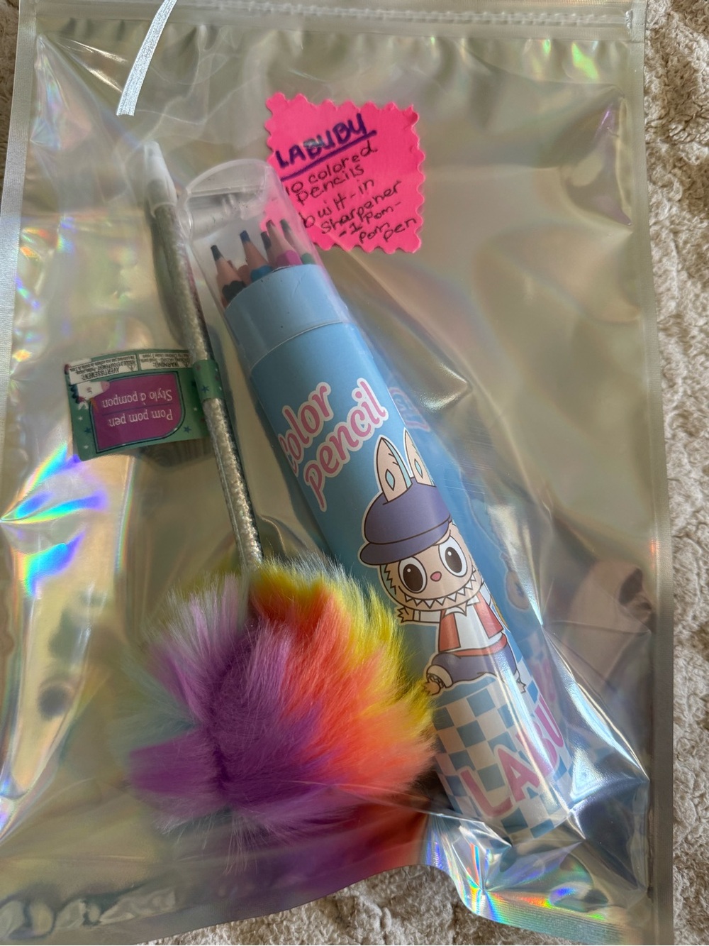 LABUBU- 10 pc colored pencil container with built in sharpener. 1 pom-pom pen